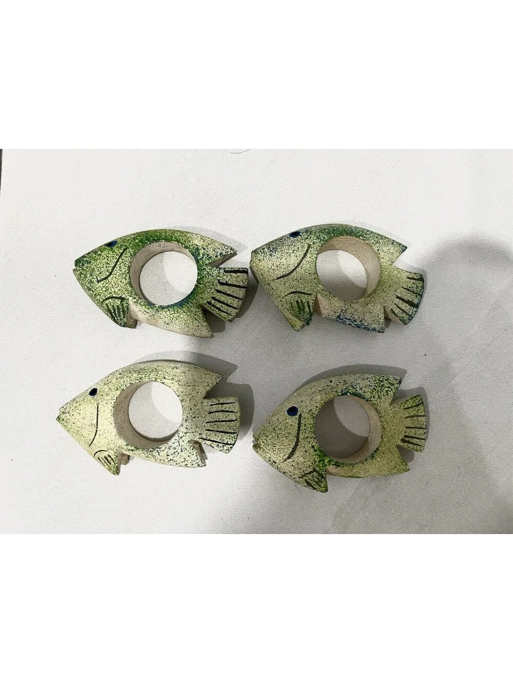 Fish Napkin Holders Rings Wooden, Tropical Fish Hand Painted Green - Set of 4
